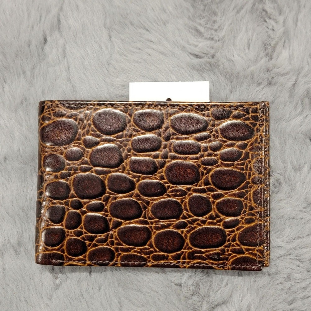 Bosca Wallet Mens Brown Leather Bifold Croc Embossed Credit Card Essentials